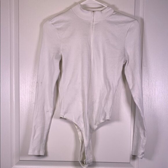 Fashion Nova Tops - Fashion Nova White Ribbed Thong Bodysuit Front Zipper Size Med #2937